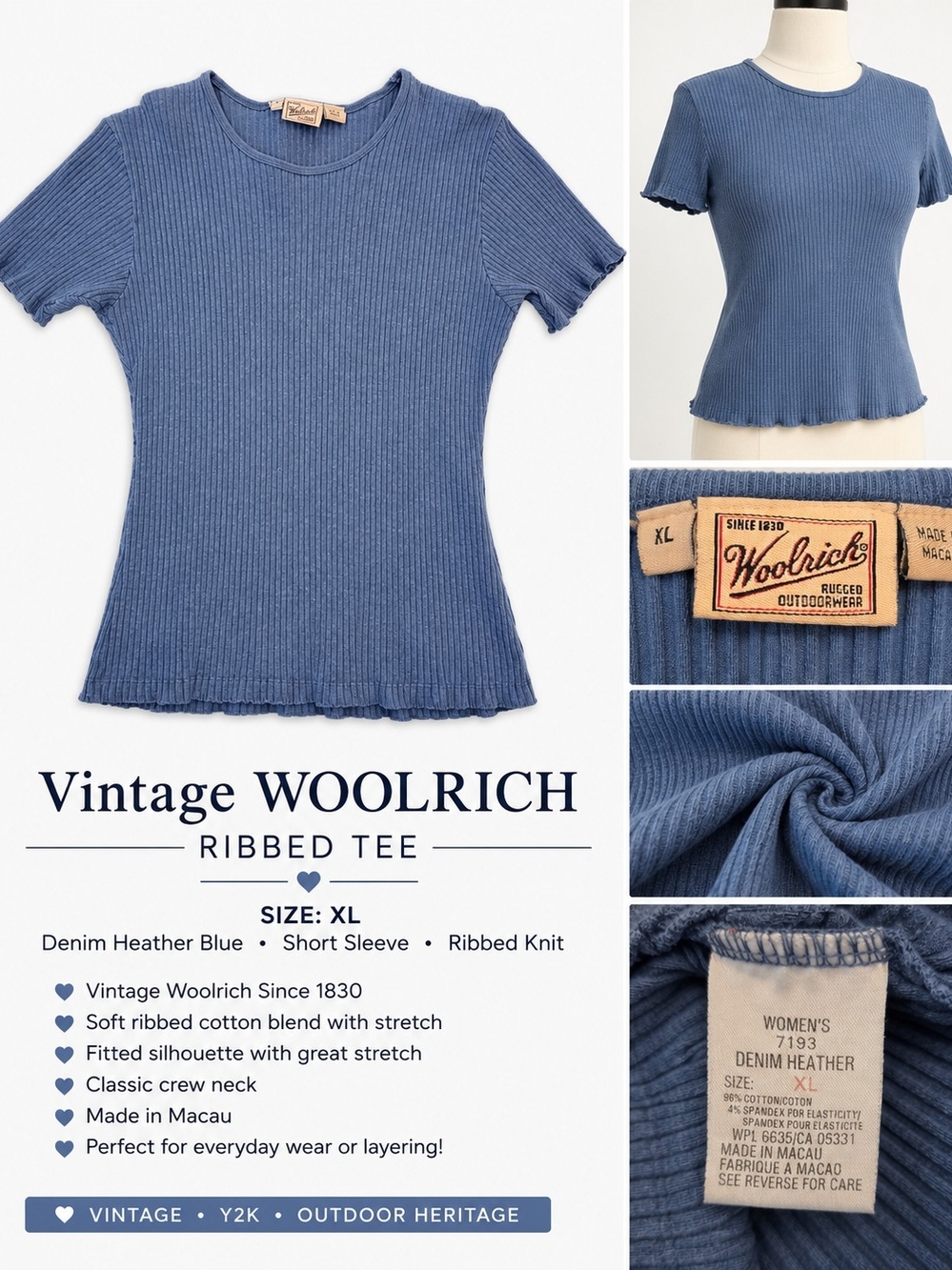 Vintage Woolrich Denim Heather Blue Ribbed Short Sleeve Tee